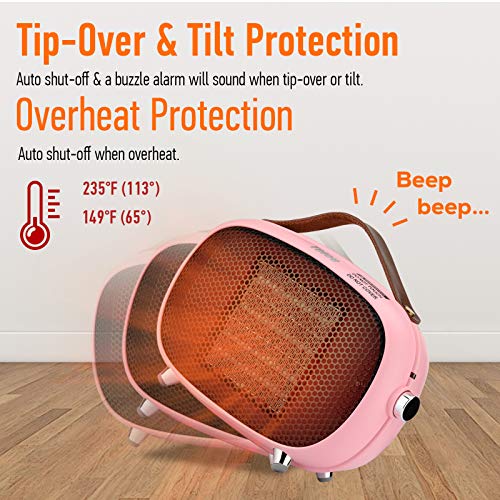 Space Heater, Teioe Small Space Heater for Bedroom, Mini Electric Space Heater with Tip-Over & Overheat Protection, Portable PTC Ceramic Space Heater for Office, Desk, Indoor Use (PINK)