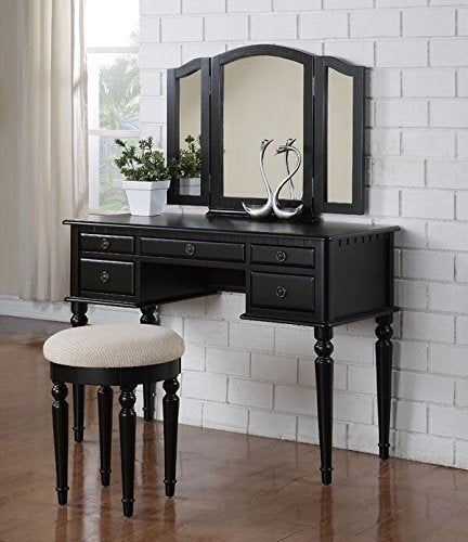 Tri-Fold Mirror Vanity Desk Set w/Upholstered Stool  (4 colors)