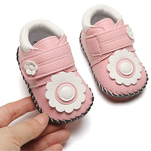 Infant Baby Girl's Handmade Soft PU Leather Non-Slip Princess Flats First Walkers, Sunflower