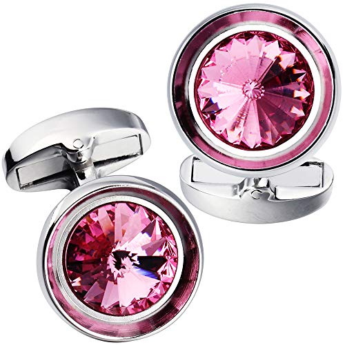 Cufflinks for Men-Fashion Silver Color with Pink Swarovski Crystal Men French Shirt Cufflinks for Regular Weeding Business