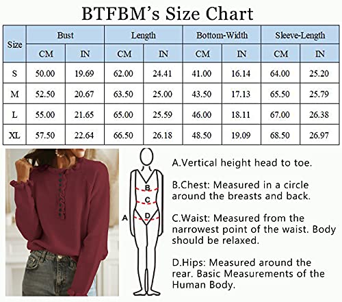 BTFBM Women's Sweaters Casual Long Sleeve Button Down Crew Neck Ruffle Knit Pullover Sweater Tops Solid Color Striped(Solid Jujube Red, Medium)