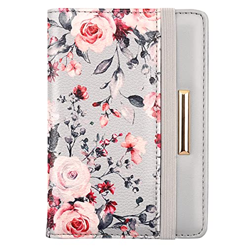 Passport Holder,RFID Blocking Passport Cover Cute Floral Traveling Passport Wallet for Women Grey Flowers