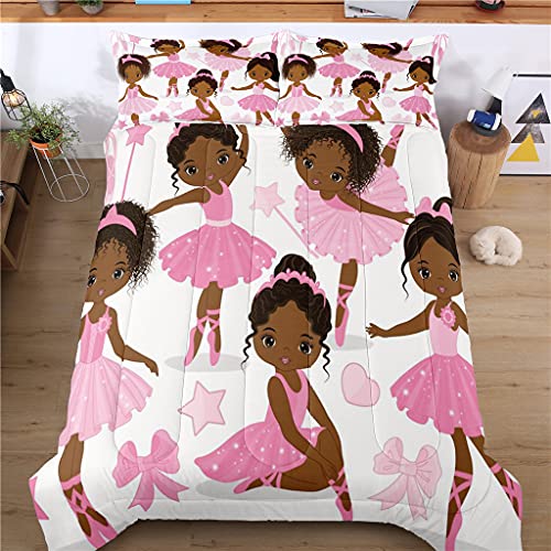 Pink African American Ballerina Bedding Set Twin for Gilrs Kids, Cute Ballet Princess Dancer Comforter Set Black Girls Bed Set 1 Comforter 2 Pillowcases