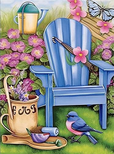 5D Diamond Painting Kit, Blue Garden Chair & Birds, 12x16 inches