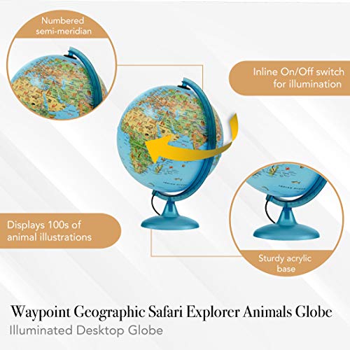 Waypoint Geographic Safari Explorer Animals Globe Illuminated Desktop Globe with Blue Physical Earth & 100s of Illustrated Animals, 10", WP12101