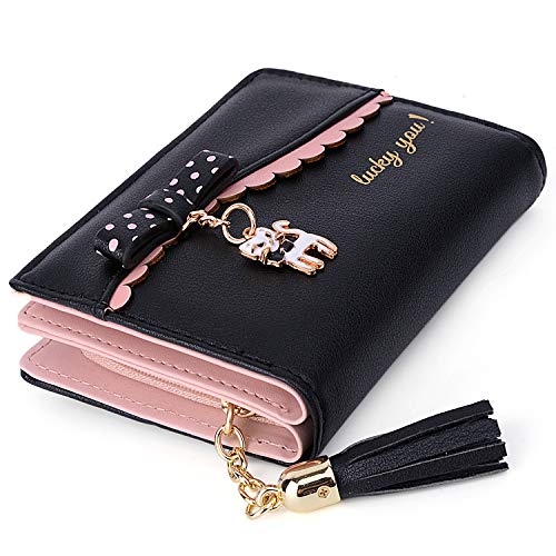 UTO Wallet for Girls PU Leather Card Holder Organizer Women Small Cute Coin Purse Black