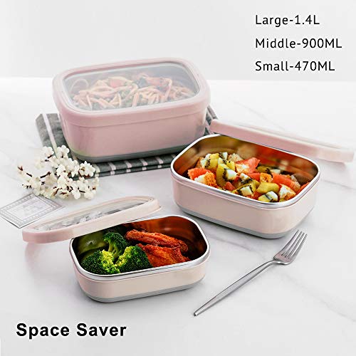 Lille Home Premium Stainless Steel Food Containers/Bento Lunch Box With Anti-Slip Exterior, Set of 3, 470ML, 900ML,1.4L, Leakproof, BPA Free, Portion Control, Pink