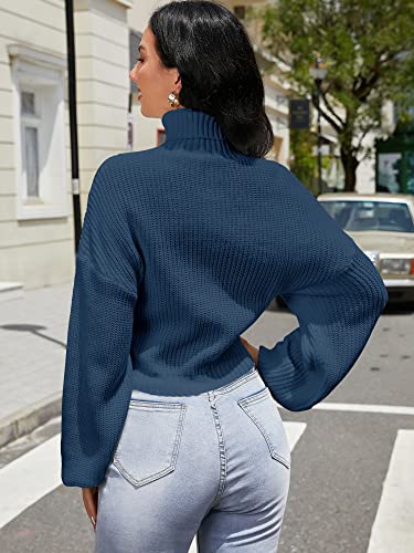 ZAFUL Women's Cropped Turtleneck Sweater Lantern Sleeve Ribbed Knit Pullover Sweater Jumper (2-Blue, M)