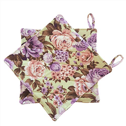 CUSHYSTORE Canvas Pot Holder Oven Pads Potholders for Cooking Kitchen 7.75", 2 Packs (Purple Rose Garden)