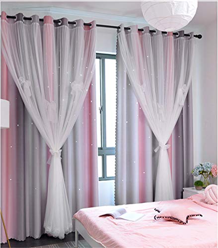 Yancorp Curtains for Girls Bedroom Kids Curtain Hollow-Out Star Window Nursery Curtain 63 inches Length Room Darkening Grommet 2 Layers (Pink Grey, W52 X L63)