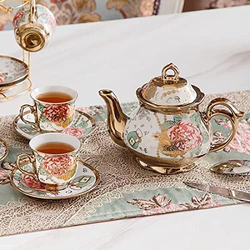 CHANJOON Gold Plated Red Rose Ceramic Tea Set, Vintage Tea Set with Teapot, Beautiful Tea Set Coffee Serving 6 People (Upgrade Sets A)