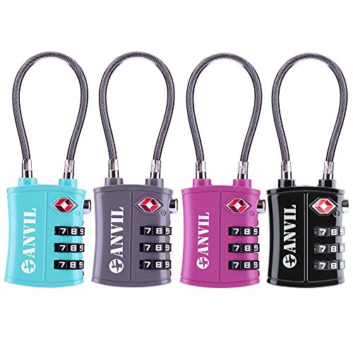 TSA Approved 3 Digit Luggage Cable Locks, Small Combination Padlock Ideal for Travel – Added Security for Suitcases and Backpacks - 4 Pack (All Colour) …
