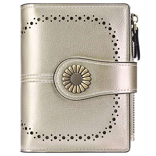 SENDEFN Small Women Wallet Genuine Leather Bifold Purse with ID Window (Gold)