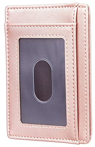 Travelambo Front Pocket Minimalist Leather Slim Wallet RFID Blocking Medium Size(Rose Gold)