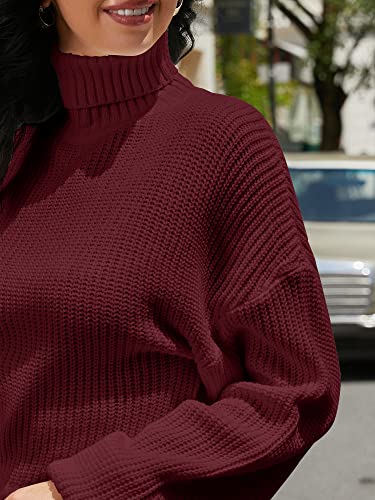 ZAFUL Women's Cropped Turtleneck Sweater Lantern Sleeve Ribbed Knit Pullover Sweater Jumper (2-Wine Red, M)