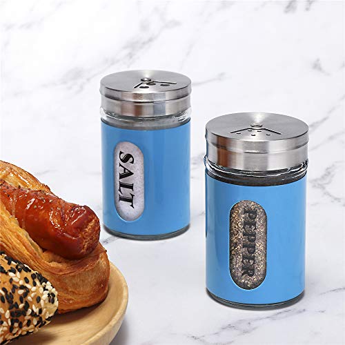 YEEPHENYEEVEE Salt and Pepper Shakers Stainless Steel and Glass Set with Adjustable Pour Holes(Blue)