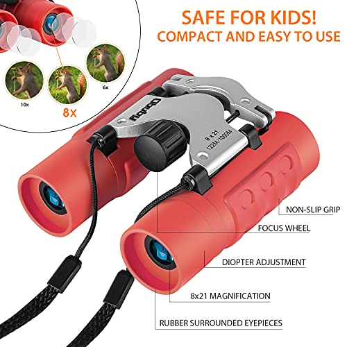 Obuby Real Binoculars for Kids Gifts for 3-12 Years Boys Girls 8x21 High-Resolution Optics Mini Compact Binocular Toys Shockproof Folding Small Telescope for Bird Watching,Travel, Camping,Red