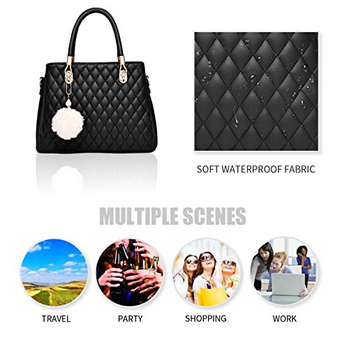 I IHAYNER Womens Leather Handbags Purses Top-handle Totes Satchel Shoulder Bag for Ladies with Pompon Black