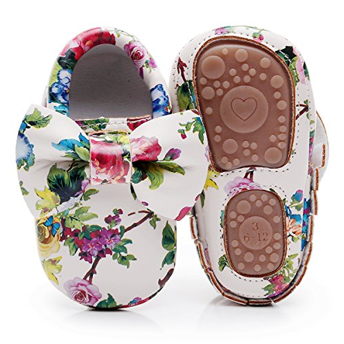 HONGTEYA Baby Moccasins with Rubber Sole - Flower Print PU Leather Tassel Bow Girls Ballet Dress Shoes for Toddler (0-6 Months/US 3.5/4.33''/See Size Chart, Bow&Flower)
