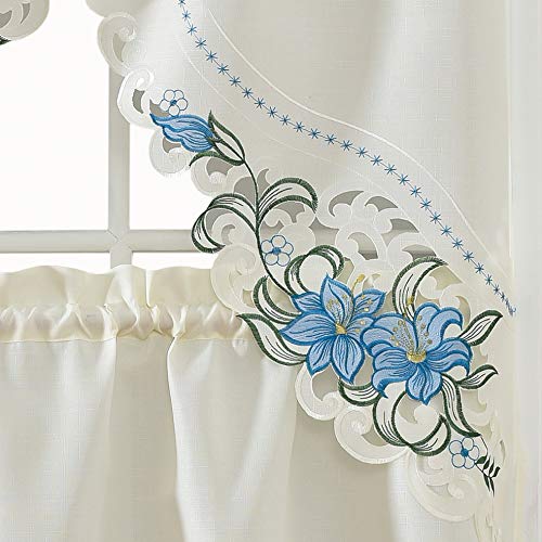 Lily Fragrance. 3pcs Multi-Color Embroidery Kitchen Cafe Curtain Set Swag and Tiers Set with cutworks. (Blue)