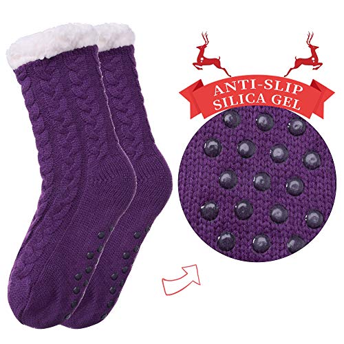 SDBING Women's Winter Super Soft Warm Cozy Fuzzy Fleece-Lined with Grippers Slipper Socks (Purple)