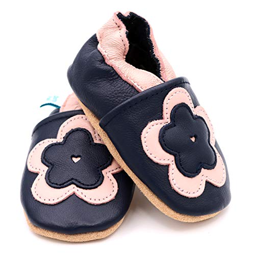 Infant to Toddler Girl's Soft Leather Slip On Shoes, Navy w/Pink Flower, Sizes to 5 Years