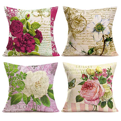 Aremetop 4 Pack Rustic Flower Throw Pillow Covers Flower Bloom Leaves Lettering Farmhouse Decorative Pillow Cases Cushion Cover Cotton Linen Burlap Toss Throw Pillow Covers 18''x18'' for Outdoor Decor