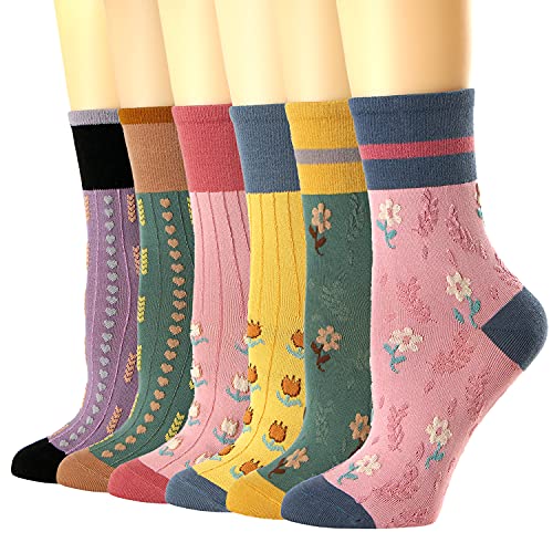Women's Flowers & Leaves Pattern Casual Cotton Crew Socks, 6-Pack