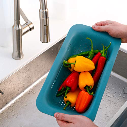 BLUE GINKGO Over the Sink Colander Strainer Basket - Wash Vegetables and Fruits, Drain Cooked Pasta and Dry Dishes - Extendable - New Home Kitchen Essentials (7.9 W x 14.5-19.5 L x 2.75 H) - Teal