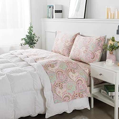 Pink & Green Paisley 4-Pc Deep Pocket Cotton Bed Sheet Set  (6 sizes)