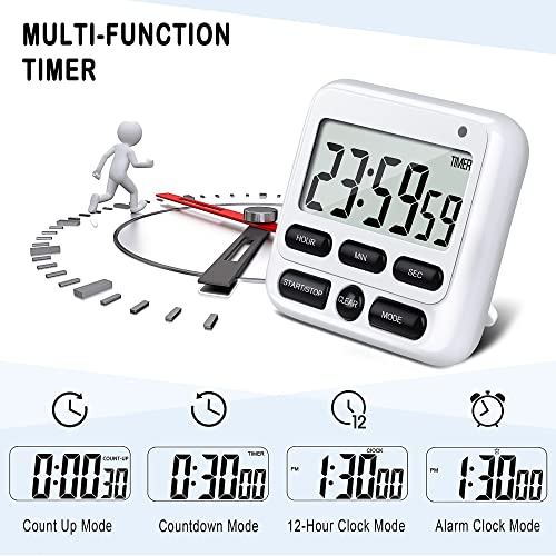 KTKUDY Digital Kitchen Timer with Mute/Loud Alarm Switch ON/Off Switch, 24 Hour Clock & Alarm, Memory Function Count Up & Count Down for Kids Teachers Cooking, Large LCD Display, Strong Magnet (White)