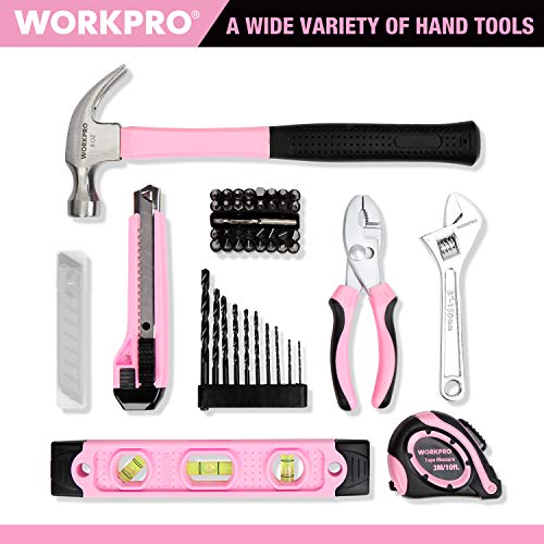 WORKPRO 12V Pink Cordless Drill and Home Tool Kit, 61 Pieces, Storage Bag Included