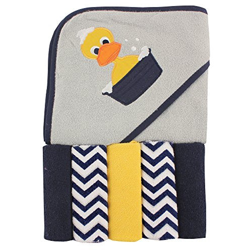 Unisex Baby Hooded Towel with Five Washcloths, Yellow Ducky