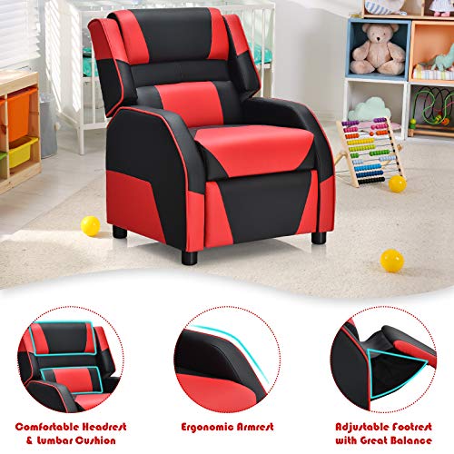 Costzon Kids Recliner, Gaming Recliner Chair w/Footrest, Headrest & Lumbar Support, Ergonomic Leather Lounge Chair for Living & Gaming Room, Adjustable Racing Style Sofa for Children Boys Girls, Red