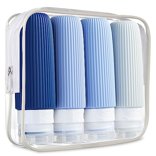 Mrsdry Travel Bottles for Toiletries, Tsa Approved 3oz Portable Travel Bottles, BPA Free Leak Proof Squeezable Silicone Travel Size Containers, Travel Accessories with Clear Toiletry Bag (4 Pack)