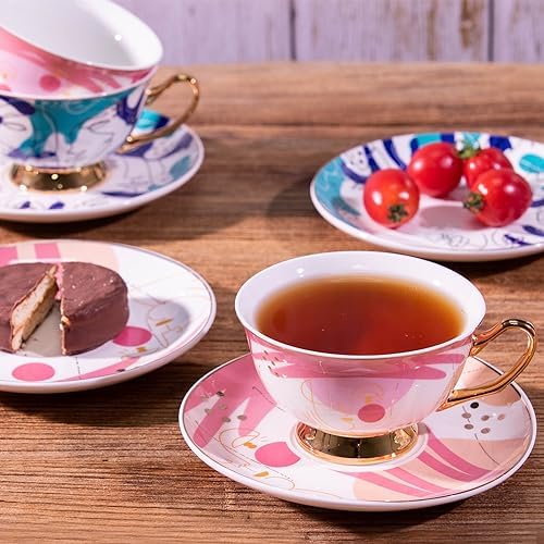 ICHAG Cups and Saucers Set of 6, Coffee Mugs, Tea Cups Set with Bowknot, Tea Set, 18-piece, Cup with 8.4oz, Golden Spoon, For Tea Party, Christmas Gifts, Gifts for Home Office