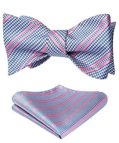 HISDERN Bow Ties for Men Pink Check Plaid Self Tie Bow Tie and Pocket Square Woven Formal Tuxedo Wedding Business Bowties & Handkerchief