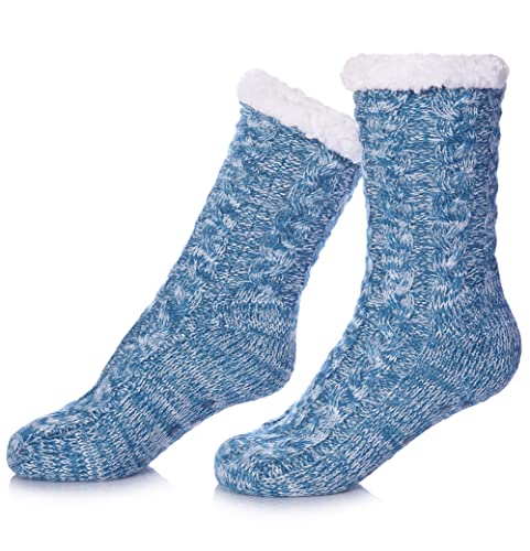 SDBING Women's Winter Super Soft Warm Cozy Fuzzy Fleece-Lined with Grippers Slipper Socks (Turquoise AB)