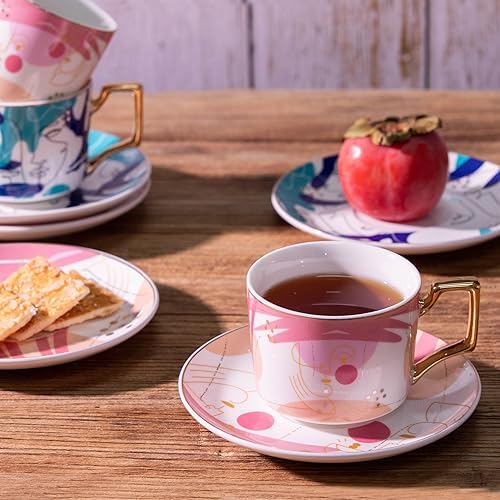 ICHAG Cups and Saucers Set of 6, Coffee Mugs, Tea Cups Set with Bowknot, Tea Set, 18-piece, Cup with 8.4oz, Golden Spoon, For Tea Party, Christmas Gifts, Gifts for Home Office