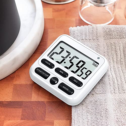 KTKUDY Digital Kitchen Timer with Mute/Loud Alarm Switch ON/Off Switch, 24 Hour Clock & Alarm, Memory Function Count Up & Count Down for Kids Teachers Cooking, Large LCD Display, Strong Magnet (White)