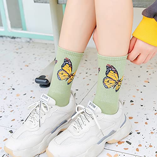 Christmas Gift Womens Novelty Funny Crew Socks Girls Cute Floral Colorful Patterned Socks Silly Funky Casual Cotton Flower printed Socks Gift，5 Pair-butterfly