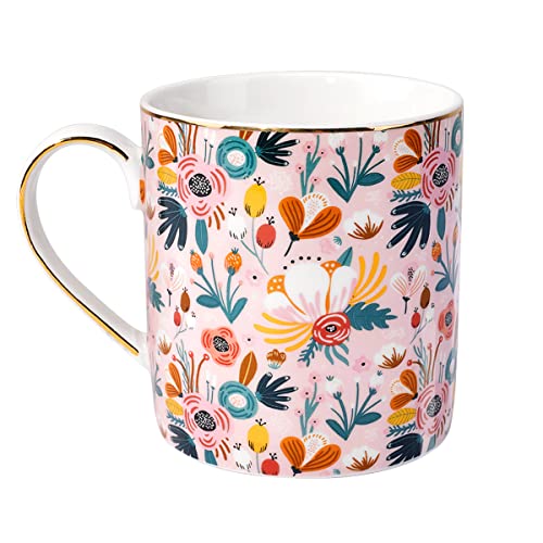 WAVEYU Ceramic Mug for Women, Cute Coffee Water Mug Cup for Christmas Holiday, Floral Design with Handle for Home Office, Decorative Coffee Tea Cup for Women Men, 14 oz, Pink Flower