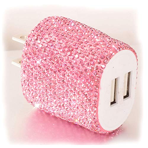 USB Wall Charger Bling 5V/2.4A 24W Dual Port Fast Charger Plug Cell Phone Block Adapter Pink for iPhone Android Samsung iPad Tablet etc.