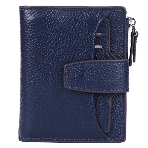 AINIMOER Women's RFID Blocking Leather Small Compact Bi-fold Zipper Pocket Wallet Card Case Purse (Lichee Navy Blue)