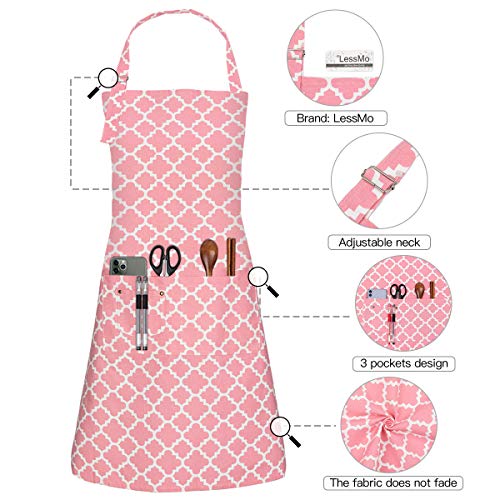 LessMo Kitchen Cooking Aprons with 3 Pockets for Men Women - Cotton Adjustable Professional Grade Chef Apron for Kitchen, BBQ & Grill (Pink)