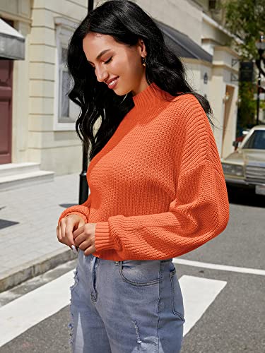 ZAFUL Women's Cropped Turtleneck Sweater Lantern Sleeve Ribbed Knit Pullover Sweater Jumper (1-Orange, M)