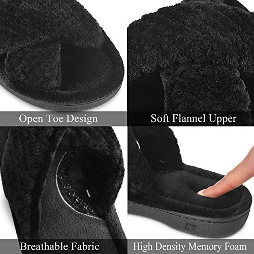 DL Women's Open Toe Cross Band Slippers, Memory Foam Slip on Home Slippers for Women with Indoor Outdoor Arch Support Rubber Sole, Black, 5-6
