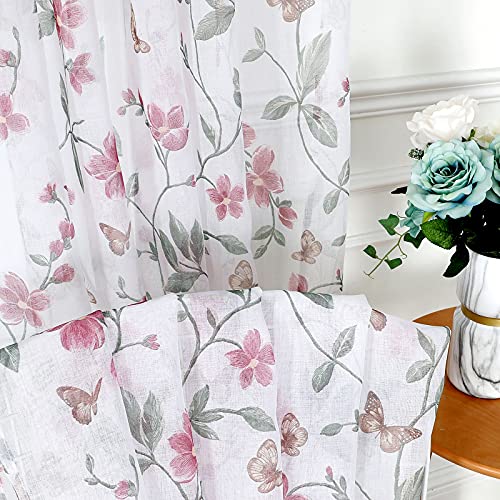 Tollpiz Short Sheer Floral Tier Curtains Pink Flower Butterfly Printed Half Window Curtain Rod Pocket Kitchen Voile Faux Linen Curtains for Bathroom, 30 x 24 inches Long, Set of 2 Panels