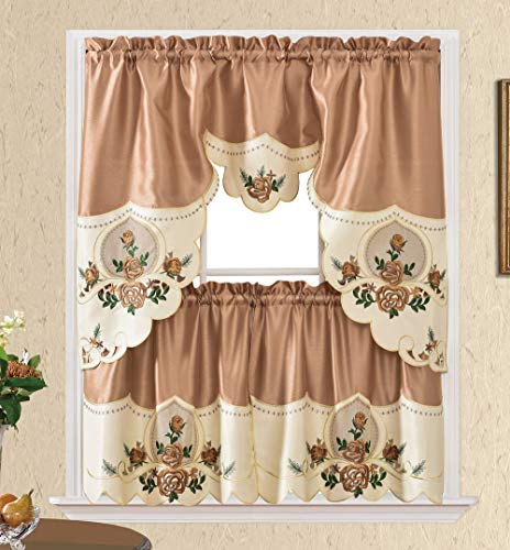 GOHD Rose Melody. 3pcs Kitchen Cafe Curtain Set. Swag and 24 inches Tiers Set for Small Windows. Nice Matching Color Rose Embroidery on Border and Inserted Organza. (Bronze)