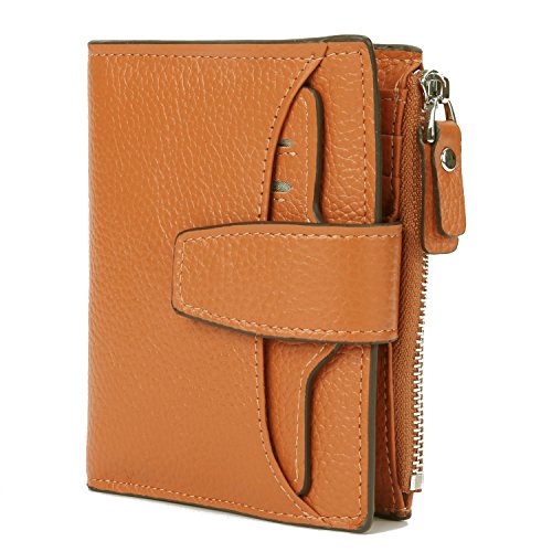 AINIMOER Women's RFID Blocking Leather Small Compact Bi-fold Zipper Pocket Wallet Card Case Purse with id Window (Lichee Orange)